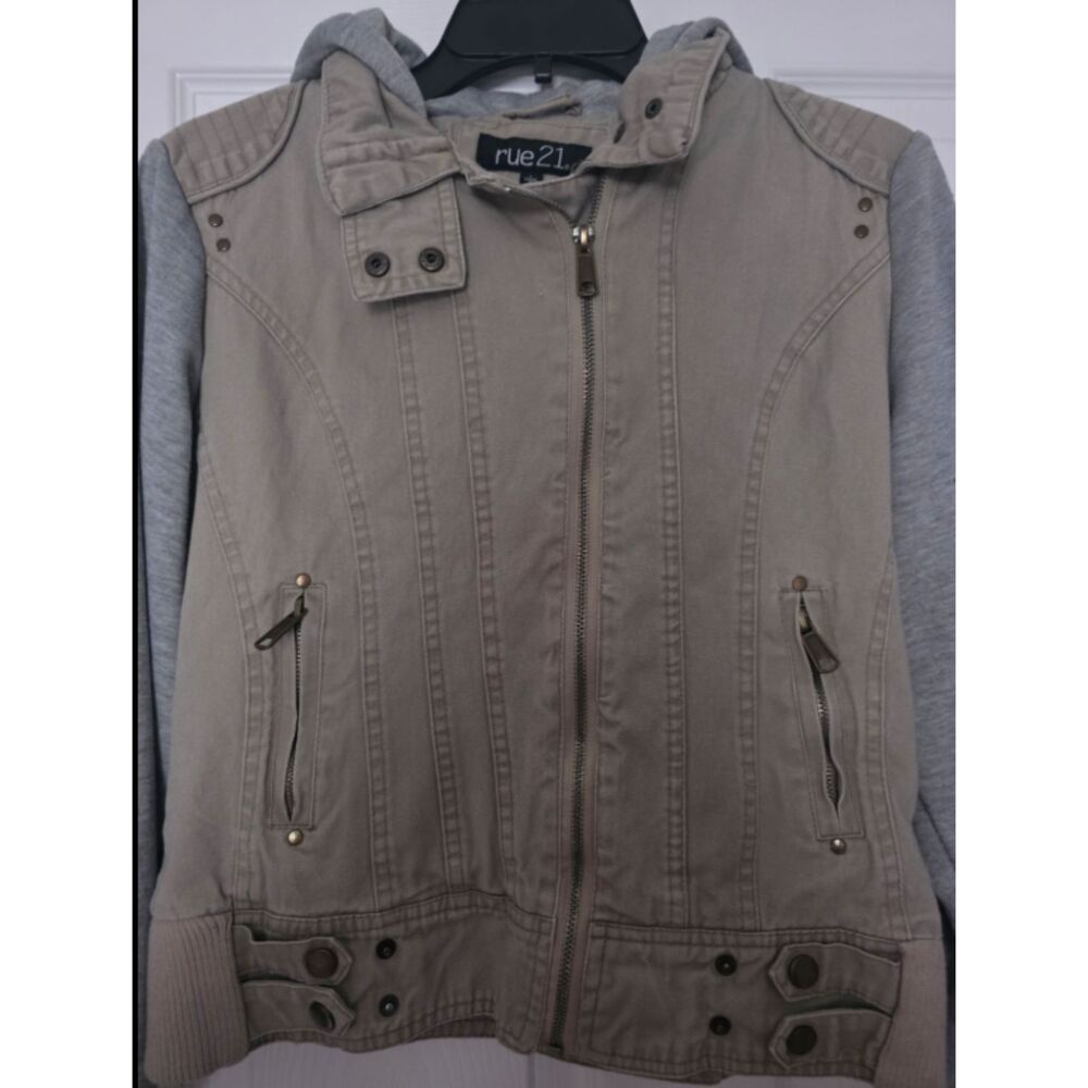 rue21 Mixed Media Hooded Utility Bomber Jacket Tan Contrast Grey Sleeves Size L